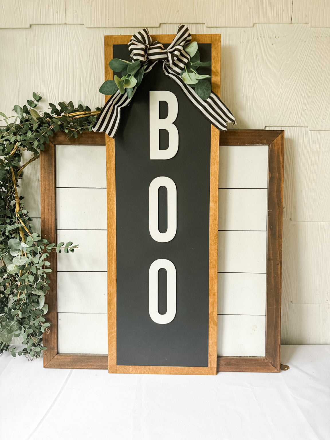 Rustic "Boo" Vertical Halloween Sign with Bow - Wooden Porch Decor