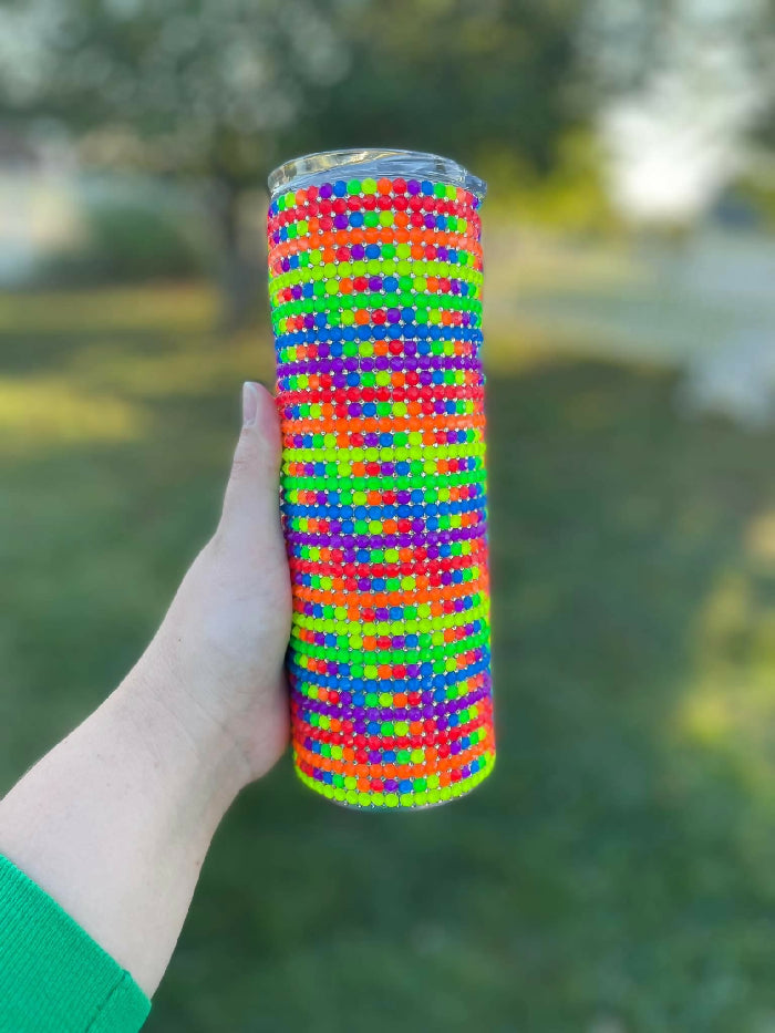 Rhinestone Tumbler, 20oz - Neon Swirl Grid Style