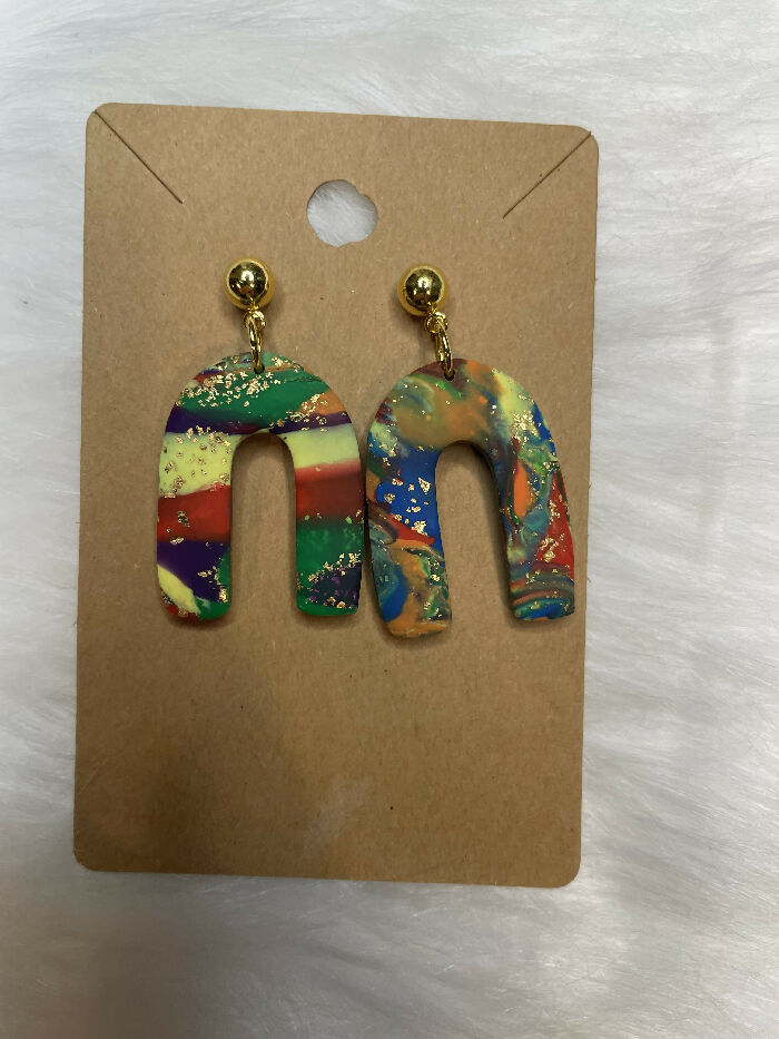 Horseshoe Shaped Polymer Clay Earrings (Rainbow)