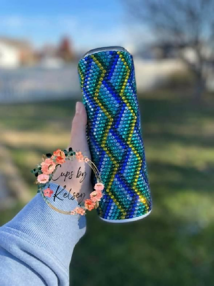 Rhinestone Tumbler, 20oz - Blue and Green Zig Zag