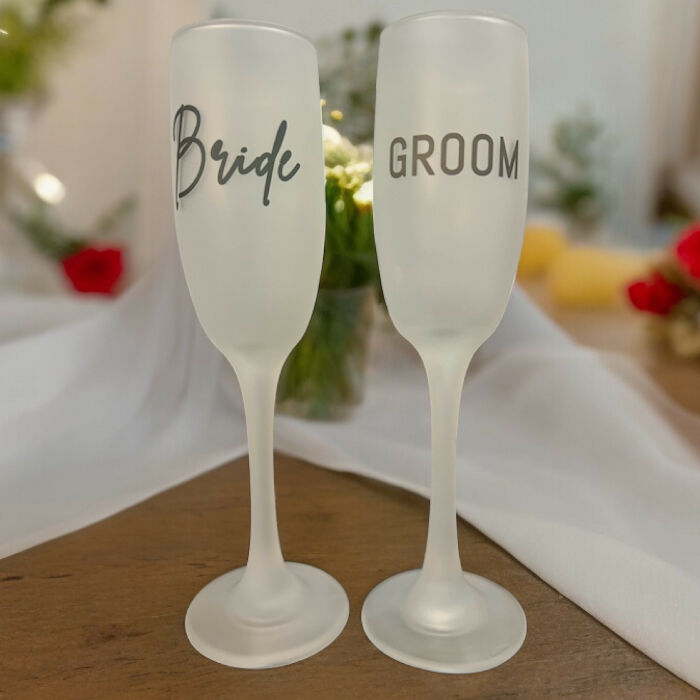 Bride or Groom Frosted Champagne Flute