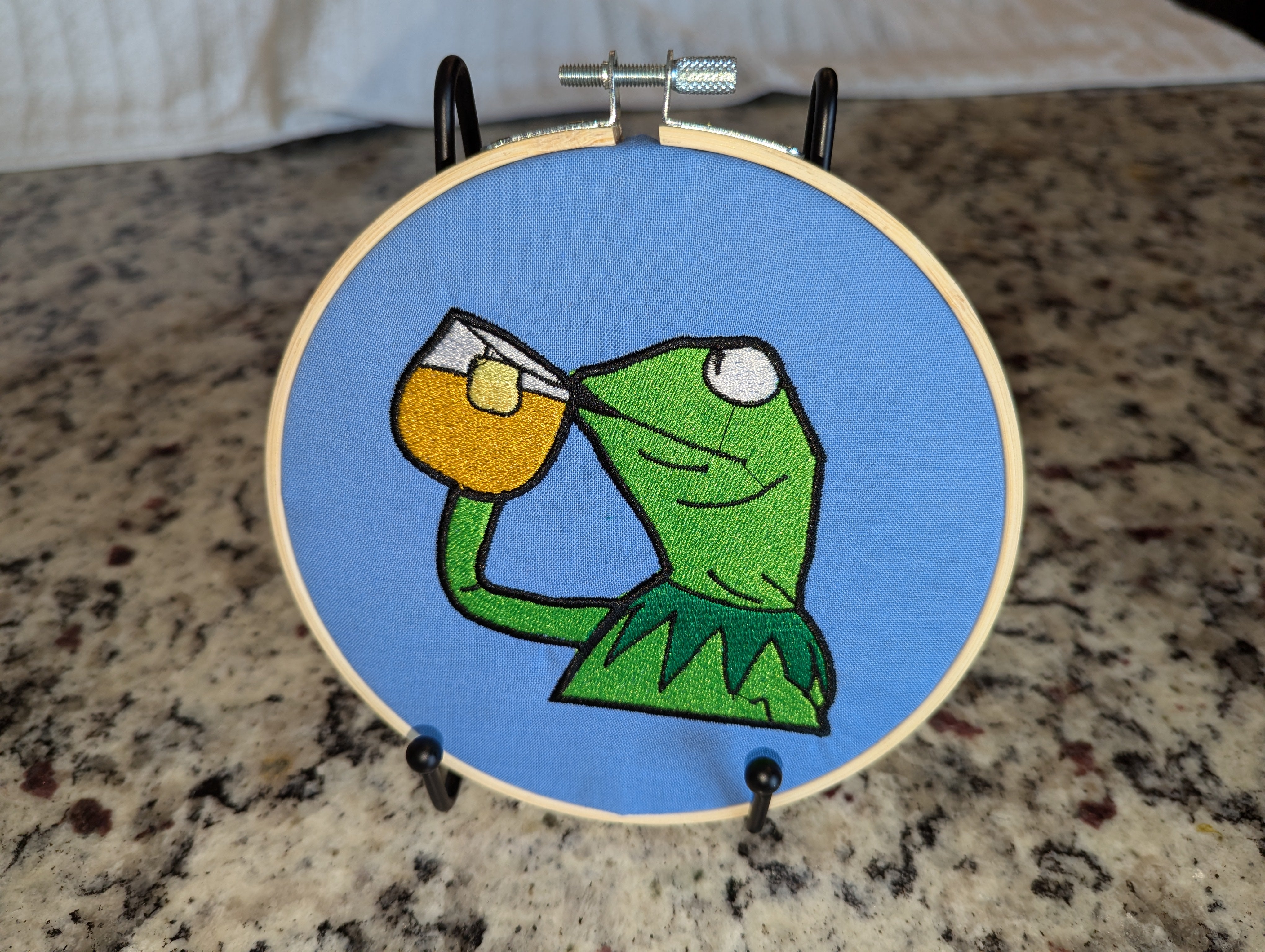 Kermit Tea Meme Embroidered Wall Hanger