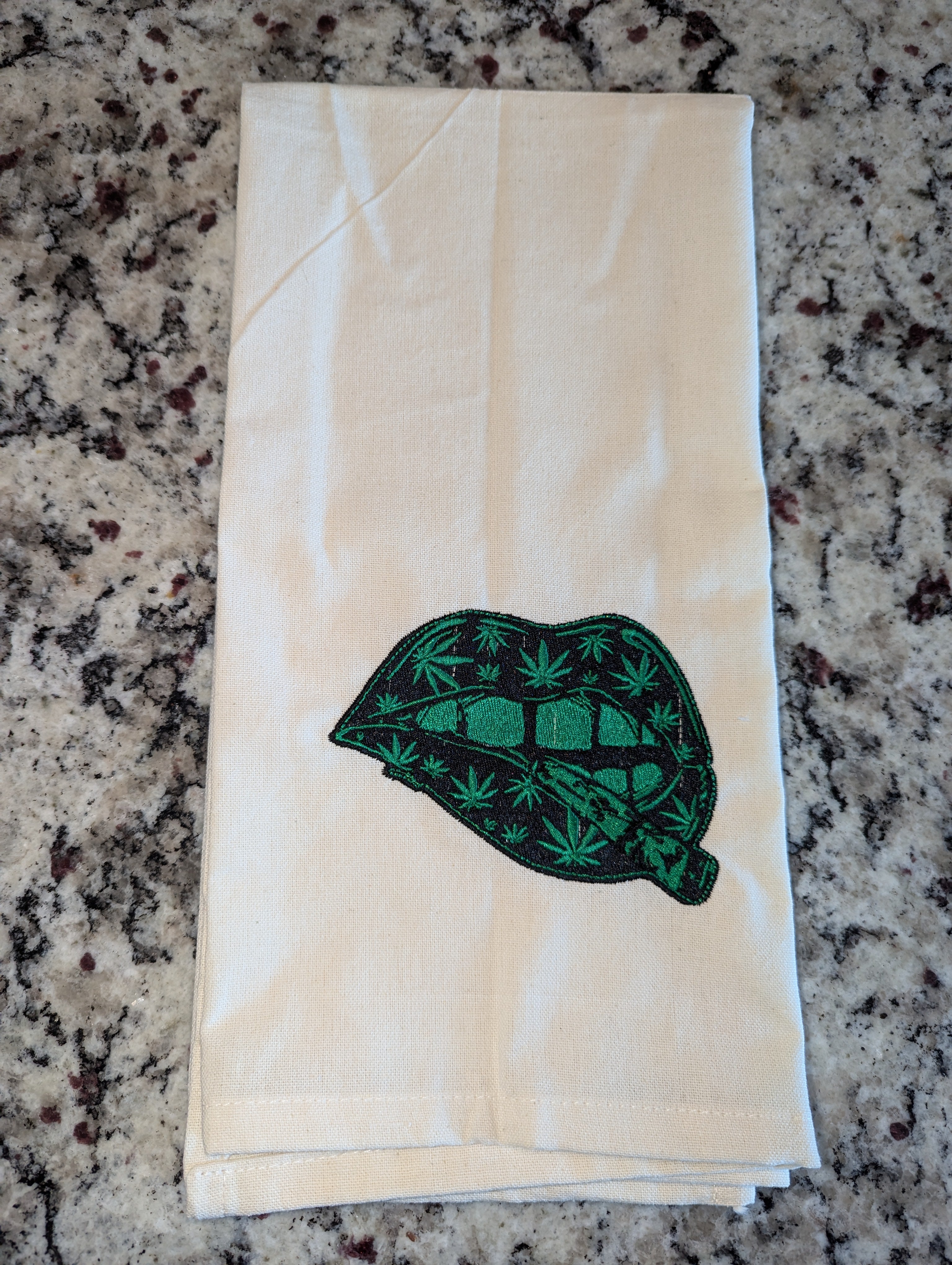 Cannabis Lips Embroidered Kitchen Towel