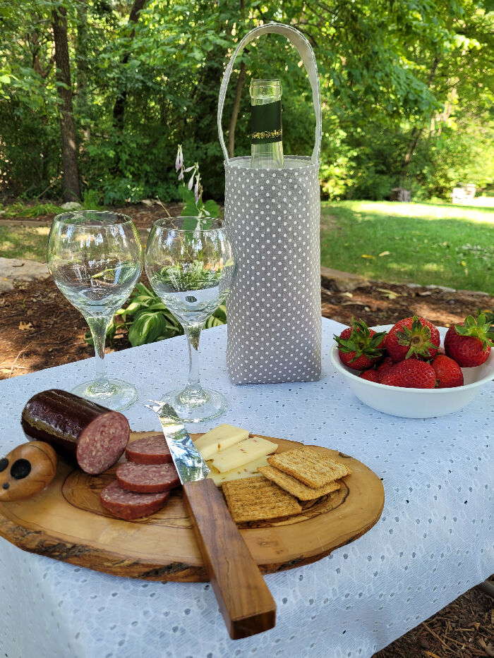 Taupe and White Polka Dot Wine Bottle Tote