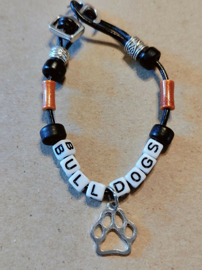 WBDB #268 Black Leather 7-3/4 inch Orange Tube Glass/ Black Glass Beads Anchor Closure BULLDOGS Block Letters