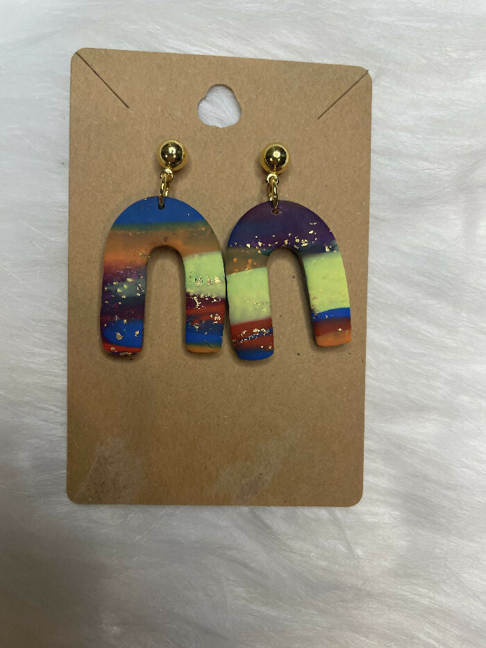 Horseshoe Shaped Polymer Clay Earrings (Rainbow)