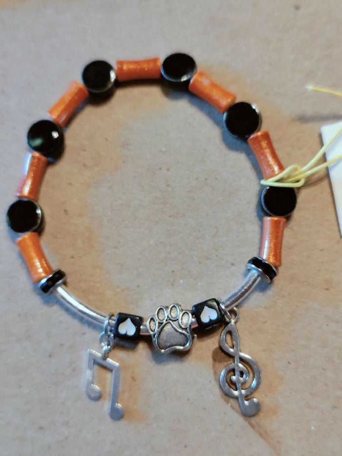 WBDB #260 Stretch - Glass Orange Tubes / Black Flat Glass Beads /1Silver tone Tube / MUSIC Charms /PAW