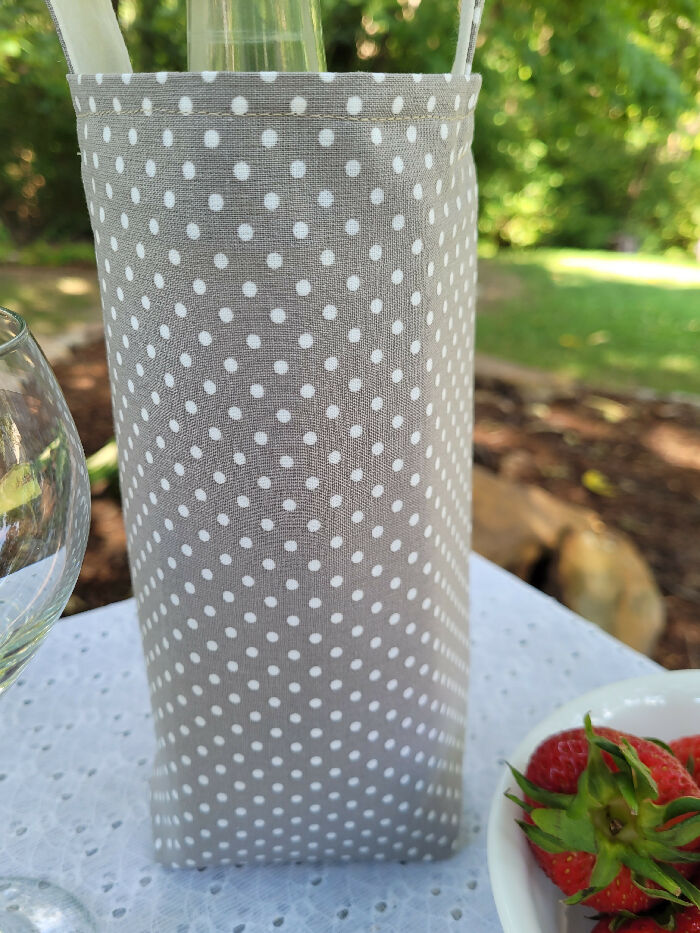 Taupe and White Polka Dot Wine Bottle Tote