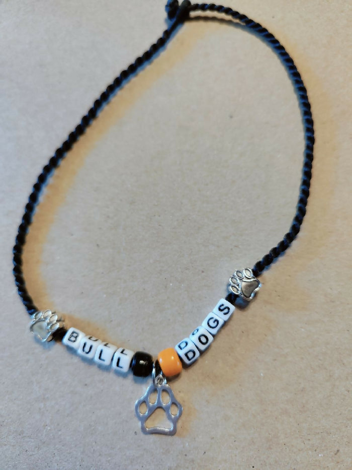 WBD #269 Black Twisted Cord 17 inch. , Orange & Black Beads, PAWS, BULLDOGS Block letters, Pendant Paw