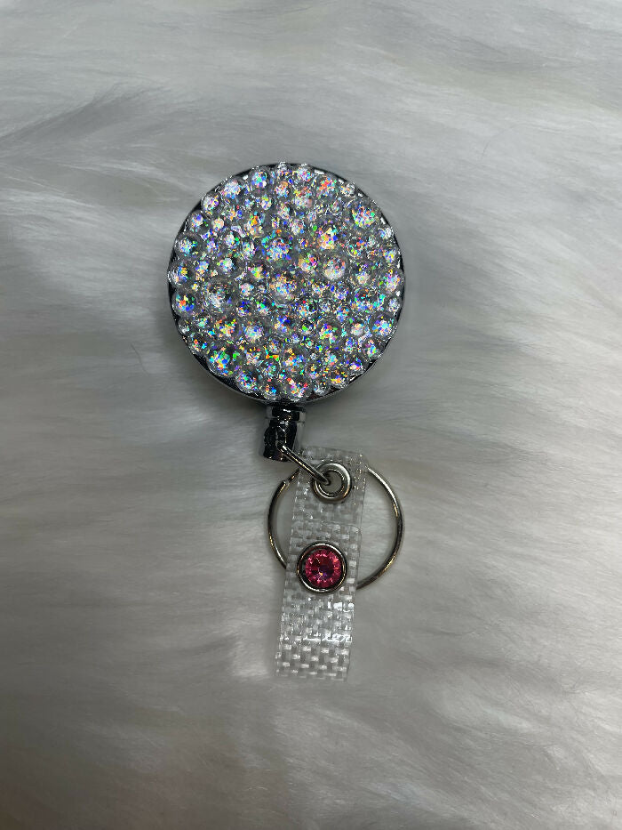 Rhinestone Badge Reel, Holographic White/Silver