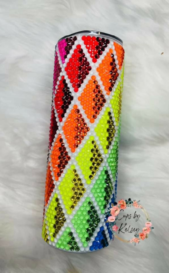 Rhinestone Tumbler, 20oz - Neon Rainbow Diamonds