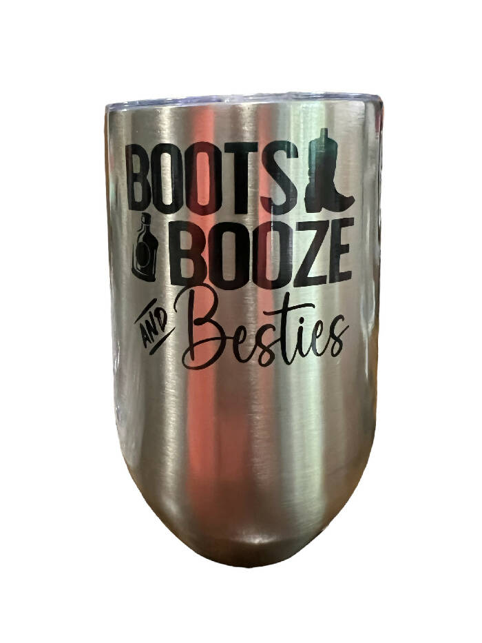 Boots, Booze & Besties STEMLESS wine tumbler