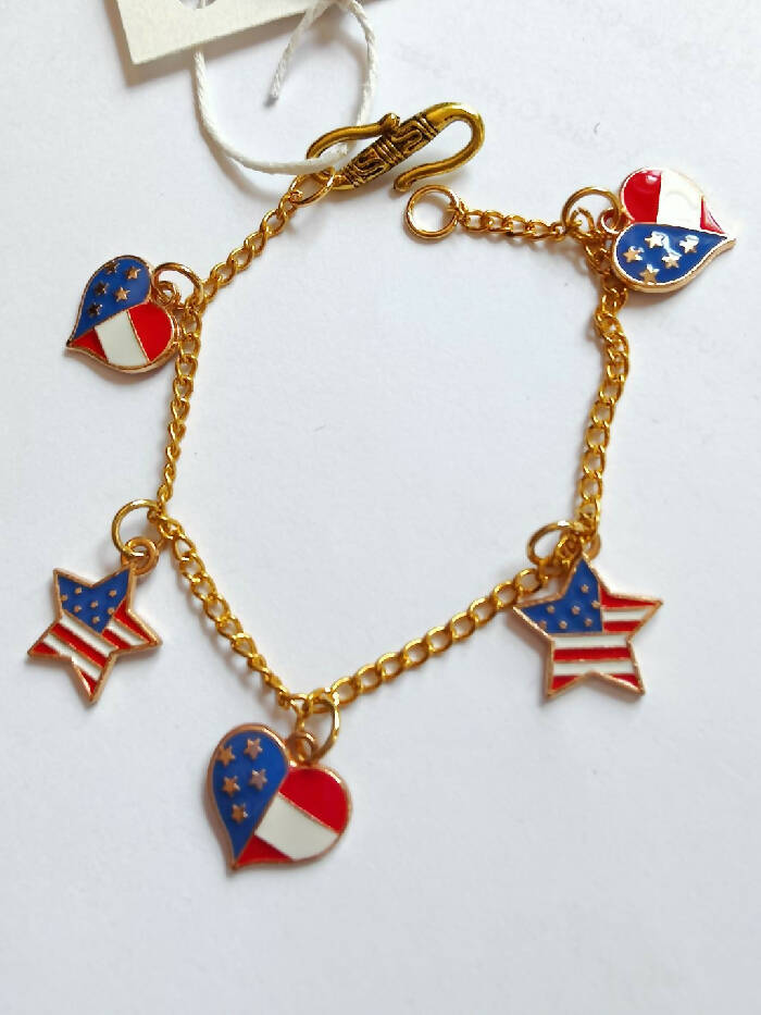 JB #4410 Gold tone 8 inch. Enamel Charms Heart &Star Flags