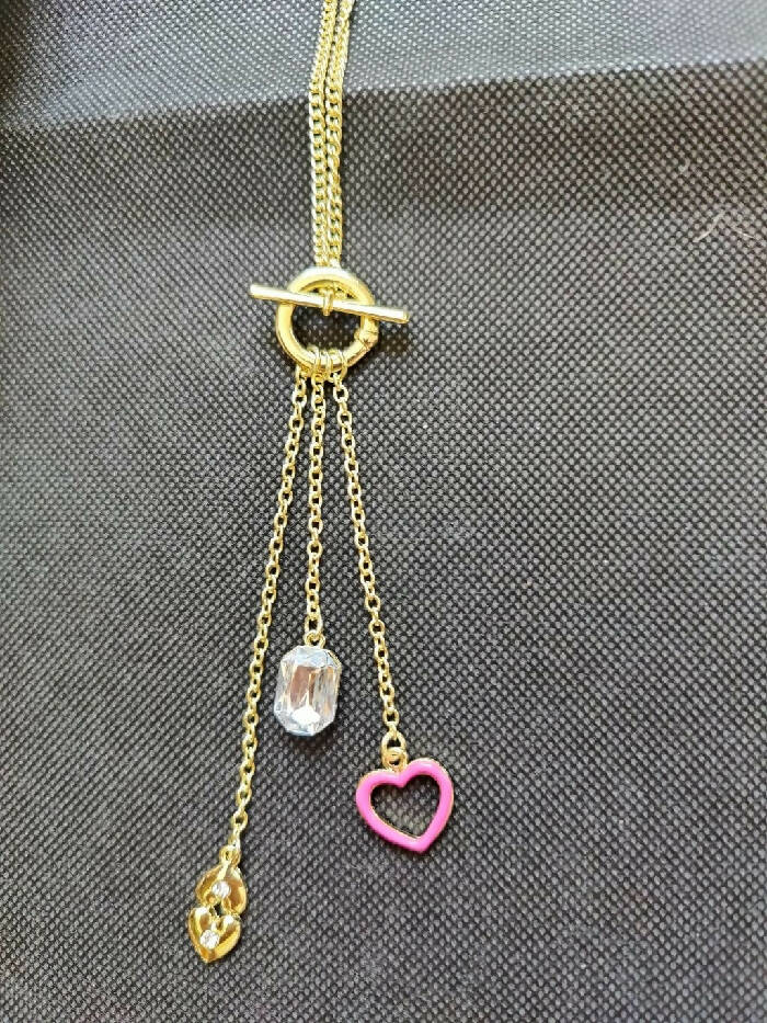 N #331 A 18 inch Gold Tone Chain w/ Pink Heart, Gold tone Heart, Clear Crystal Rectangle