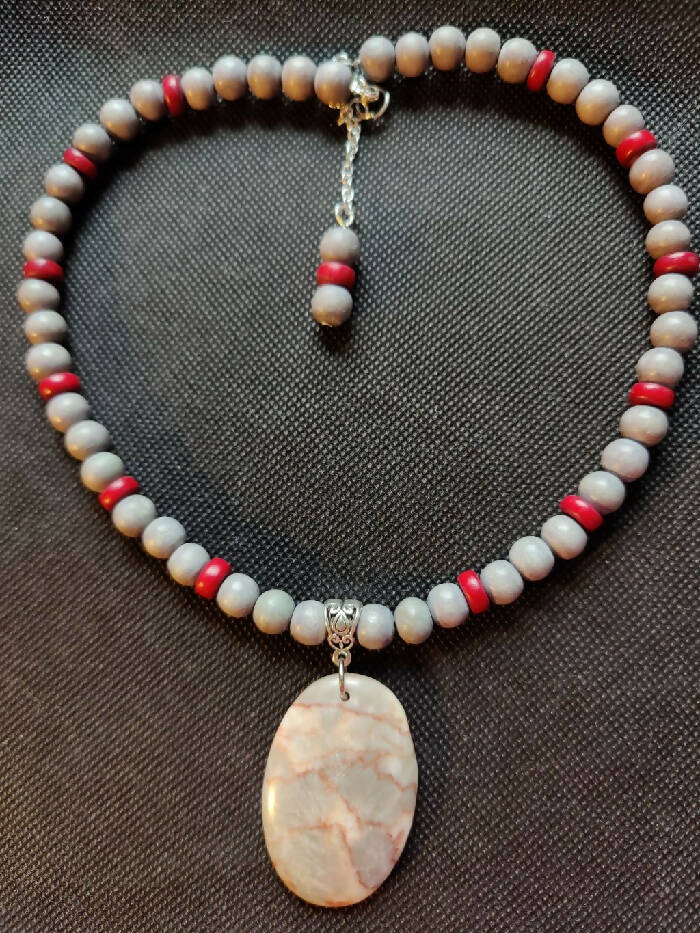 N#316 RED LINE MARBLE Stone, Wooden Gray -Red Beads 18 in.