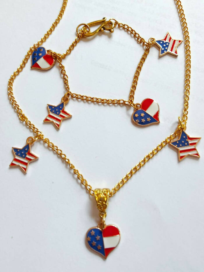 JBN #4409 Necklace 18-3/4 in. Bracelet 7-1/2 in. Gold tone Chains, Heart & Star Flags