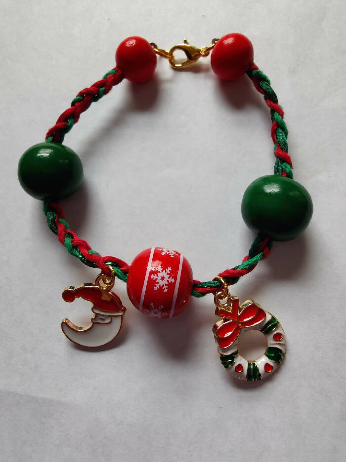 CHB #167 Braided Red & Green Cord 8 inch. Wooden Beads & Charm