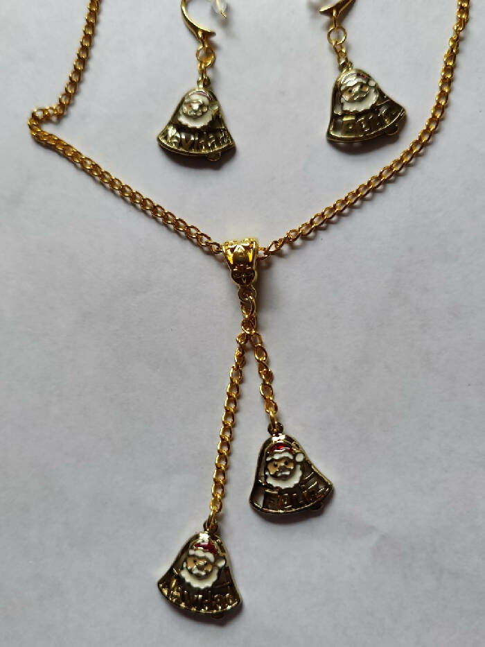 CHNE #181 Feliz Navidad Bells . Gold tone Chain 21-3/4 inch. Earrings: Same Bells