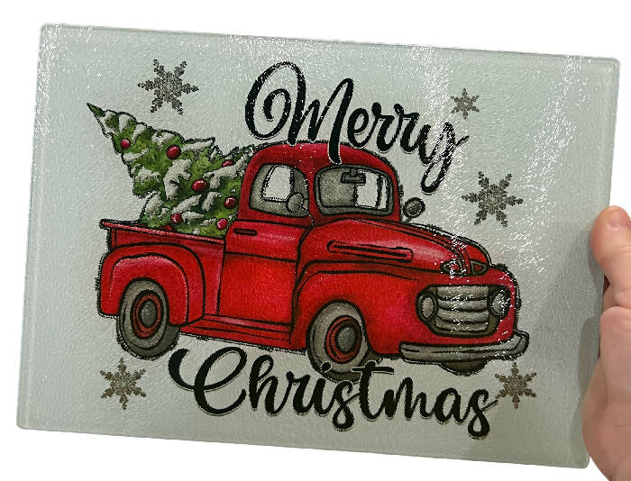 Merry Christmas vintage red truck cutting board